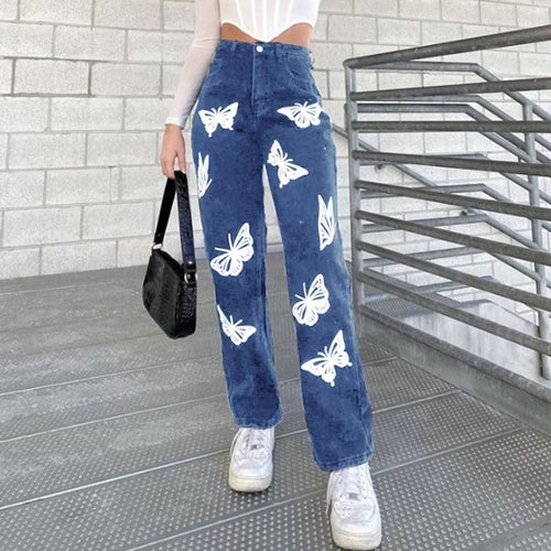 Women’s Wide-Leg Butterfly Jeans – Hot-Flower Vintage Statement Pants
